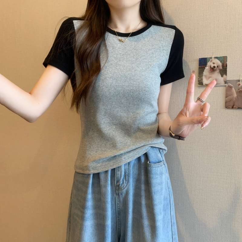 實拍  2024夏裝撞色短袖T恤女彈力短款上衣