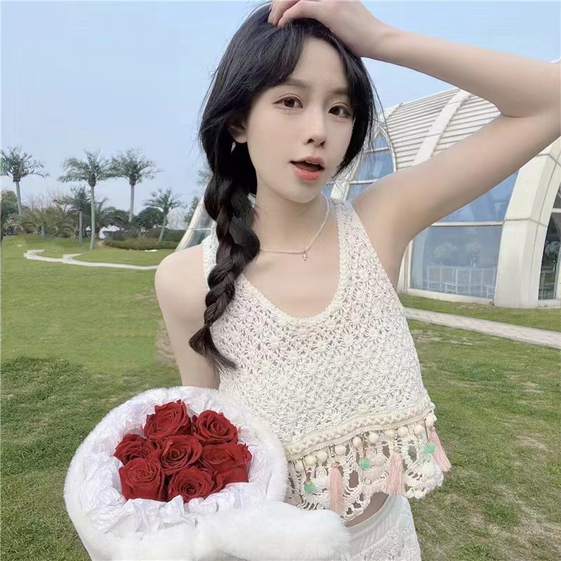 甜辣妹鏤空吊帶背心女夏季露背流蘇蕾絲內搭短款性感別致獨特上衣