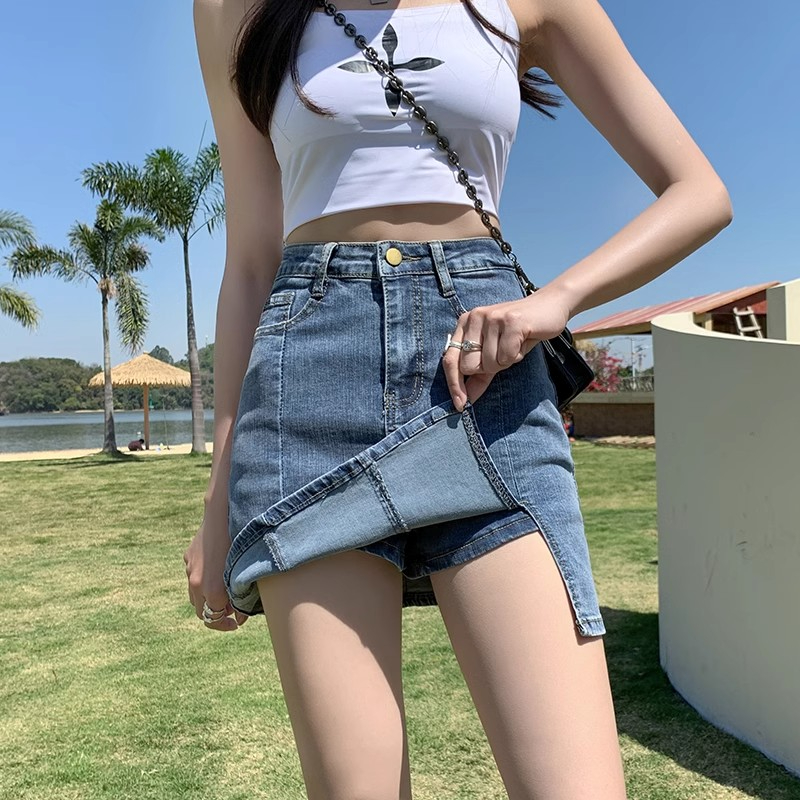 開叉牛仔短裙女夏季新款高腰百搭彈力顯瘦小個子a字包臀裙半身裙