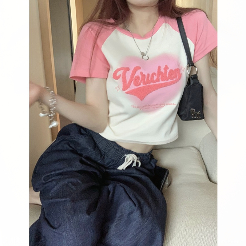 甜辣妹愛心字母正肩T恤女裝夏季新款修身短款露臍顯瘦短袖上衣潮