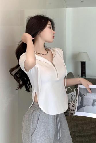Real shot Korean style hooded short-sleeved slim sweatshirt design for small people irregular top summer solid color T