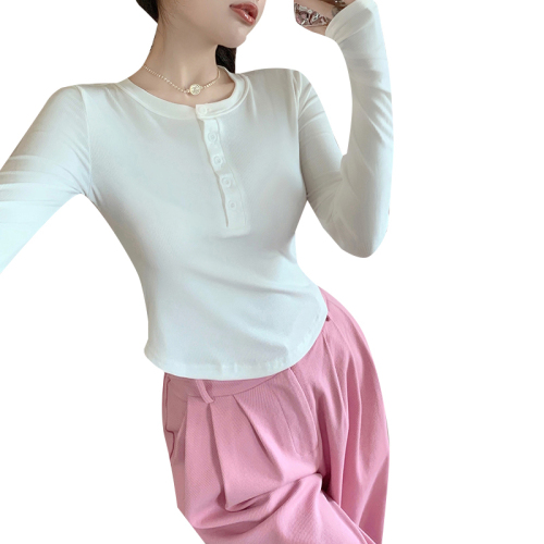 Real shot of slim fit long-sleeved bottoming shirt for women with v-neck button design T-shirt slimming navel exposed short hot girl top