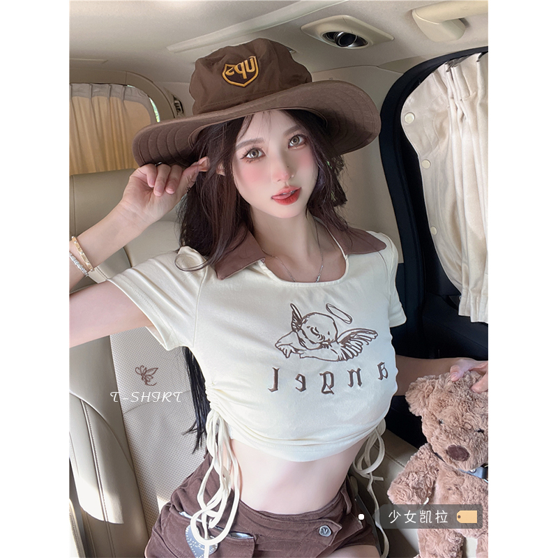 美式復古系帶POLO領T恤女夏季新款修身短款短袖正肩上衣