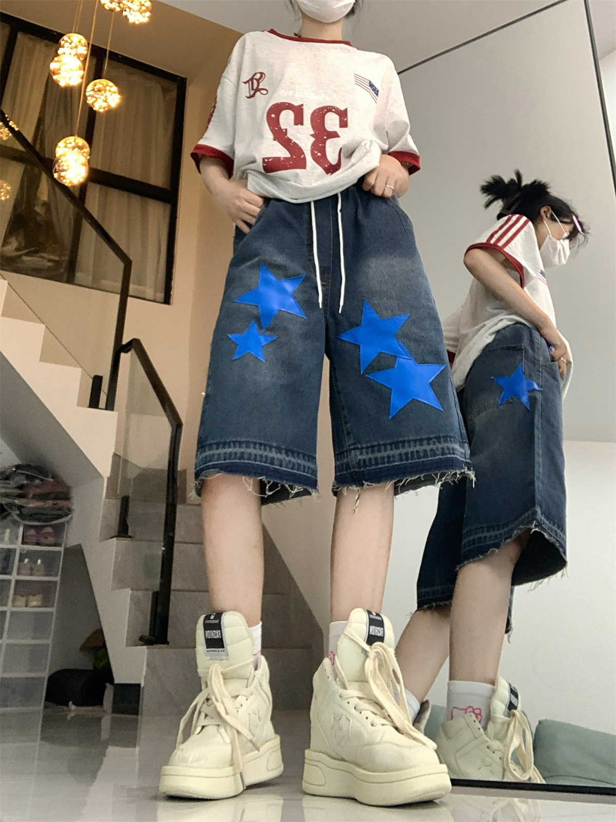 實拍！！！美式高街五分褲女嘻哈潮牌寬鬆直筒闊腿牛仔中褲