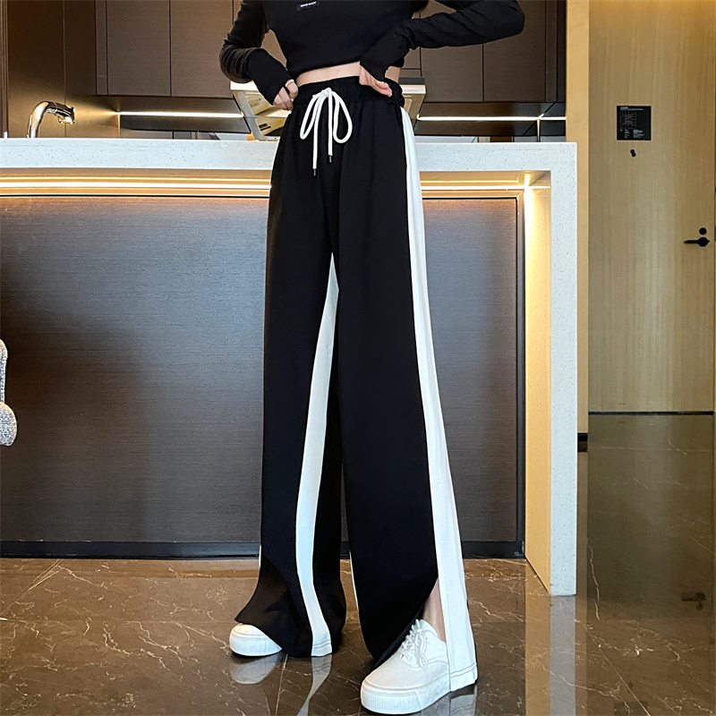 實拍春季新款拼接撞色開叉寬鬆闊腿休閒褲女
