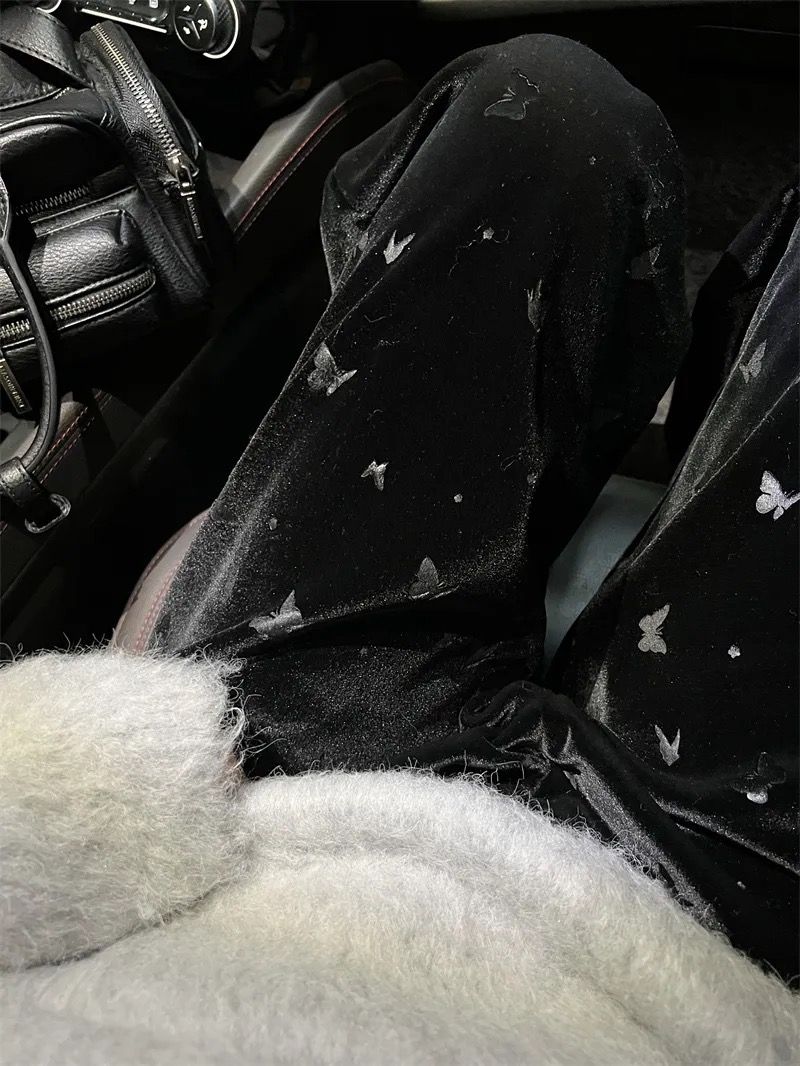 設計感蝴蝶印花鬆緊腰休閒闊腿褲女秋冬新款高腰直筒拖地褲長褲子