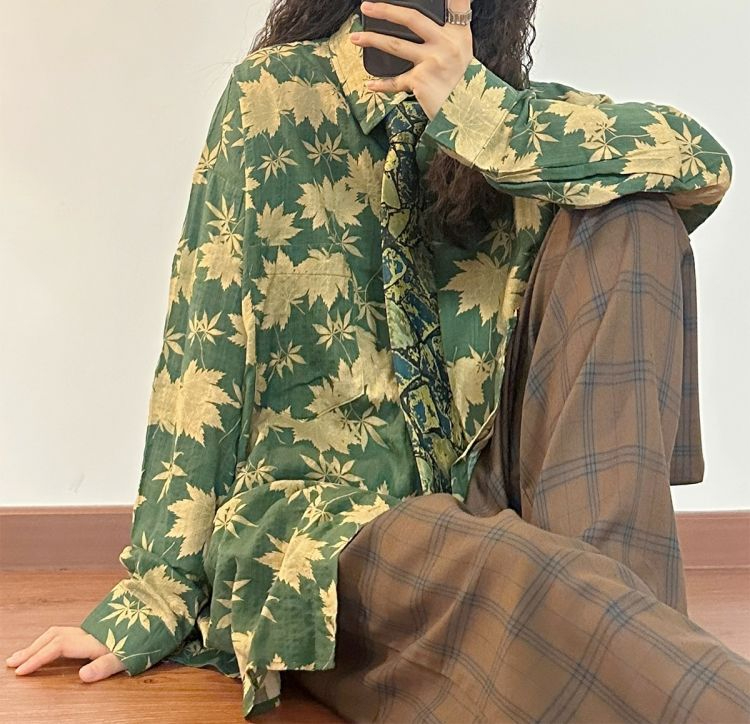 春秋新款美式復古寬鬆楓葉滿印長袖襯衫女小眾設計感