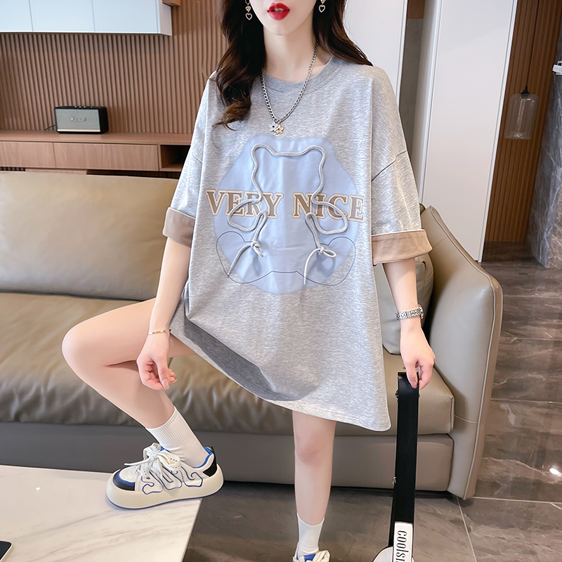 實拍2024夏季韓版寬鬆印花字母大碼女裝短袖上衣T恤女