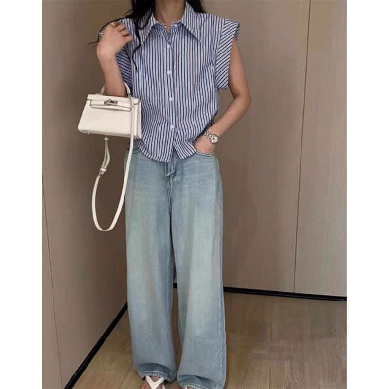 條紋襯衫上衣女設計感小眾2024夏季新款小個子飛飛袖別致休閒襯衣
