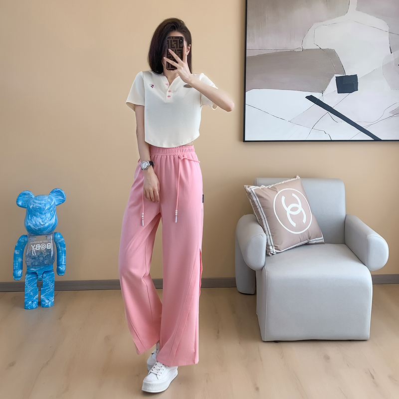 實拍時尚減齡休閒套裝女夏新款洋氣短款上衣粉色闊腿褲兩件套