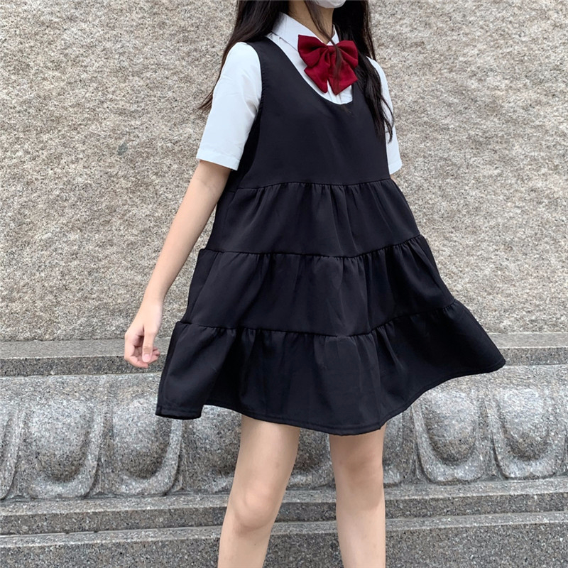 2024A字短裙子學院風短袖襯衫套裝背帶連衣裙女學生寬鬆小黑裙潮