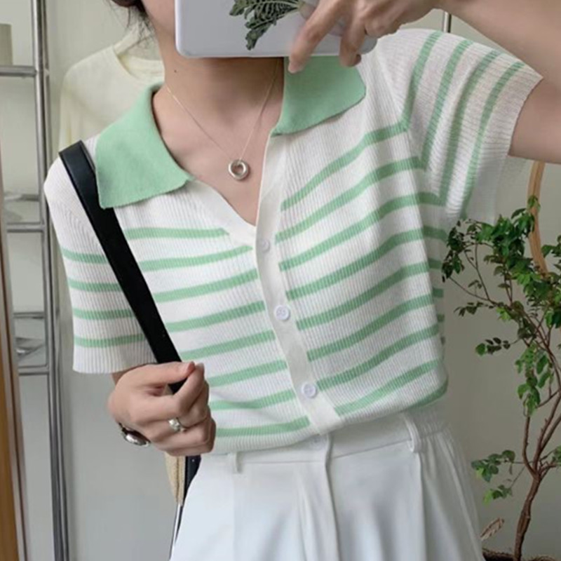 夏季新款法式溫柔風polo領撞色條紋開衫短袖上衣女