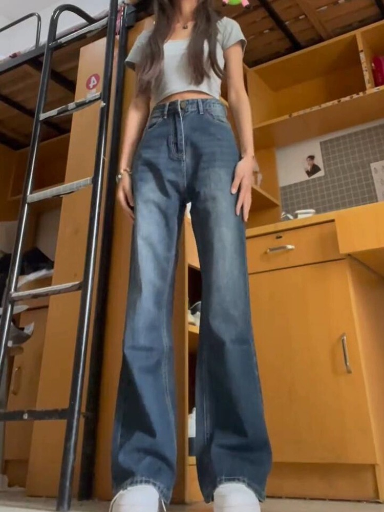 美式復古寬鬆闊腿牛仔褲女春秋新款設計感小眾直筒微喇叭拖地褲子