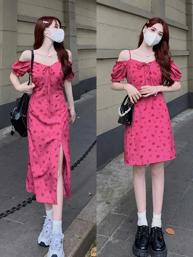 Large size French high-end rose red floral dress for women with summer fat mm temperament waist slimming short-sleeved tea break dress