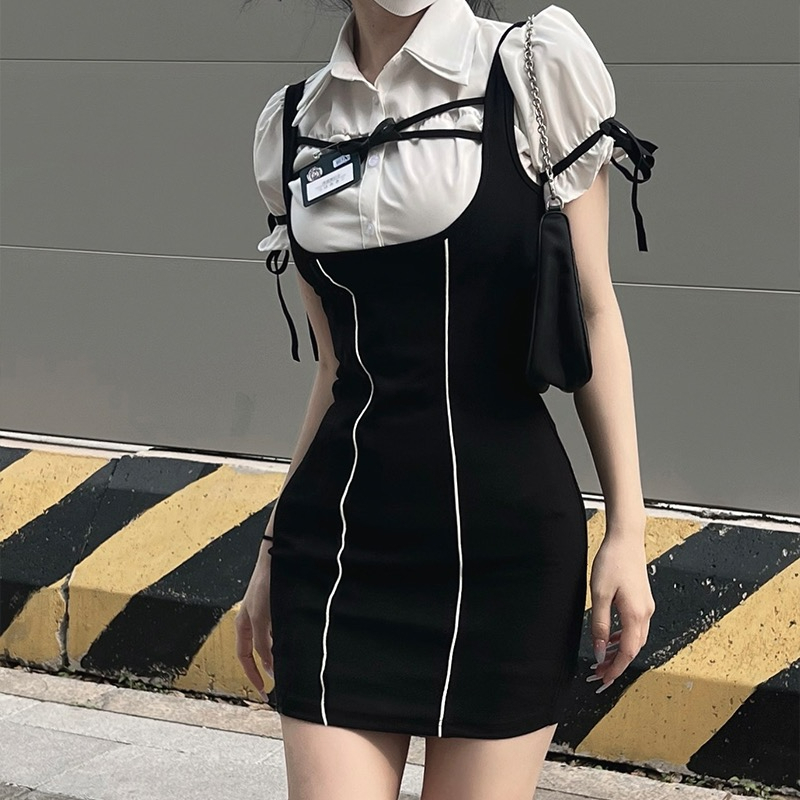 配胸牌甜辣黑色假兩件連衣裙女款2024新款氣質性感緊身包臀裙子