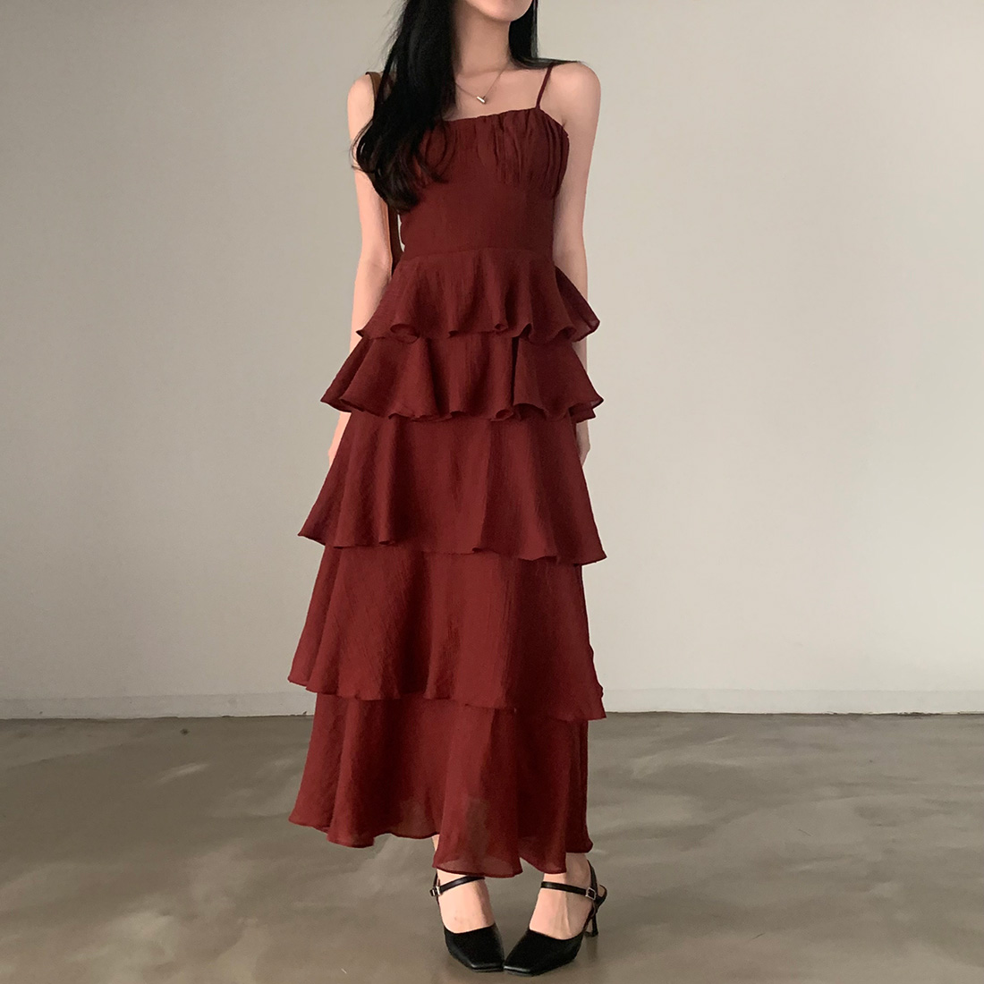韓國chic優雅高級感的仙氣度假風飄逸紗感多層吊帶連衣裙女
