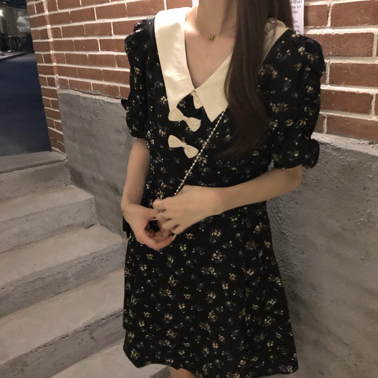 韓國夏季元氣少女 復古氣質優雅高腰V領蝴蝶結A字連衣裙