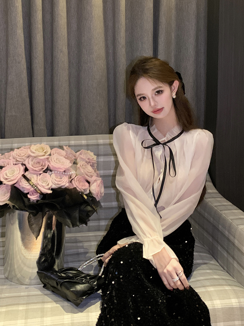 實拍 長袖襯衫女早春新款韓版多巴胺穿搭立領系帶蝴蝶結上衣