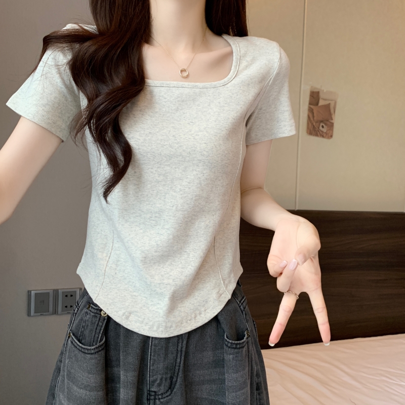 實拍 - 40支純棉 2024夏裝方領設計感小眾短袖T恤女