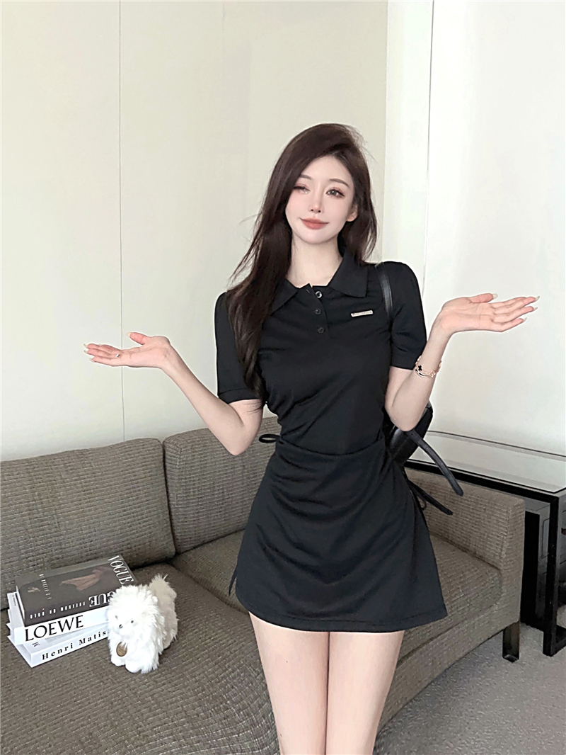 實拍polo連衣裙女夏季抽繩收腰顯瘦氣質小個子減齡休閒T恤裙