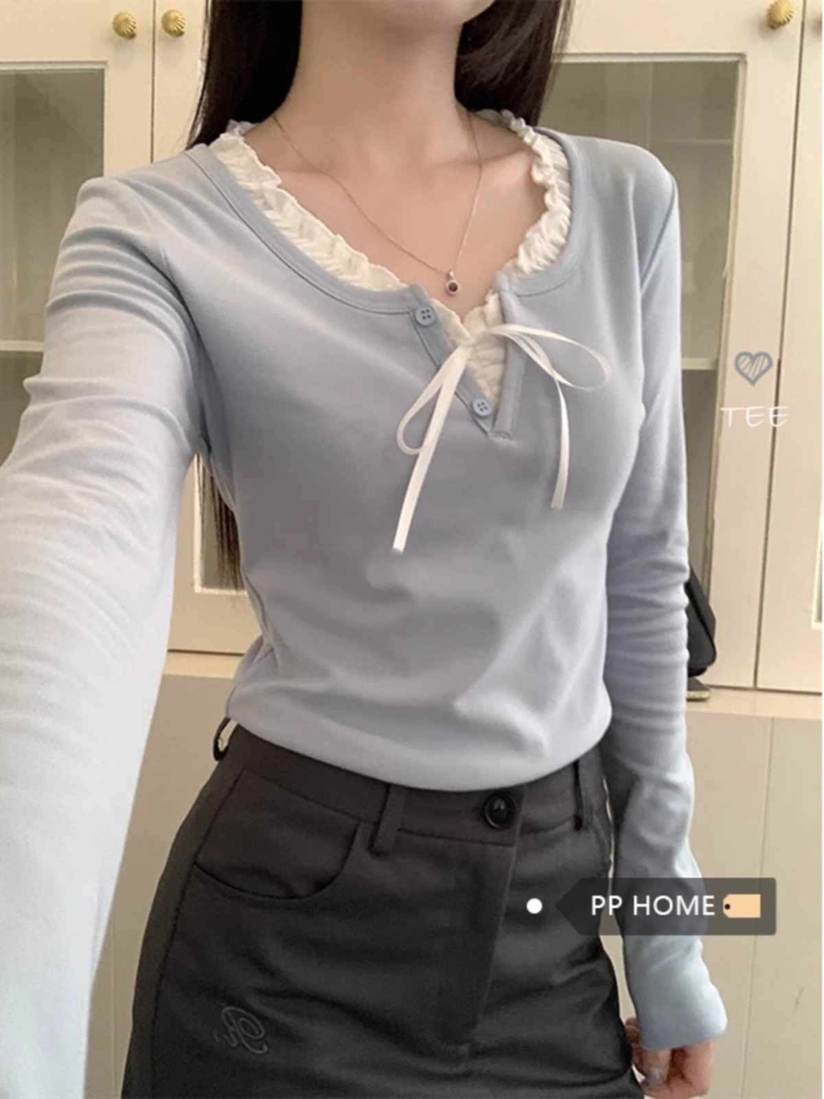 bm系帶假兩件T恤女2024春秋季木耳邊圓領修身顯瘦別致絕美小上衣