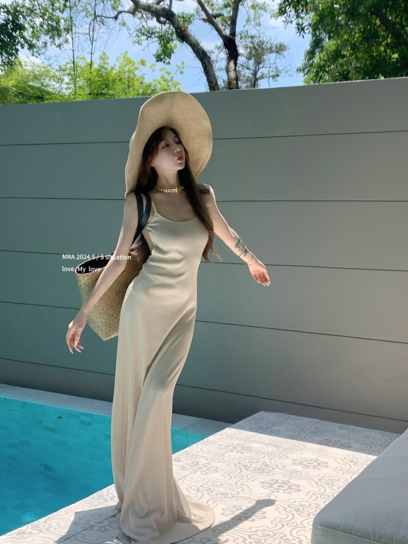 Real shot of charming back-cut long waist suspender dress for women summer sexy tall holiday dress