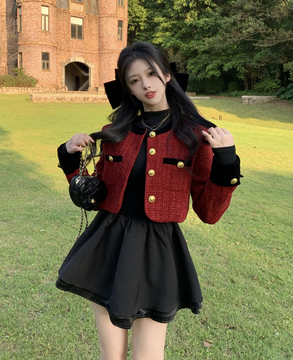 紅色聖誕法式小香風小外套女裝秋冬季高級感小個子短款上衣蓬蓬裙