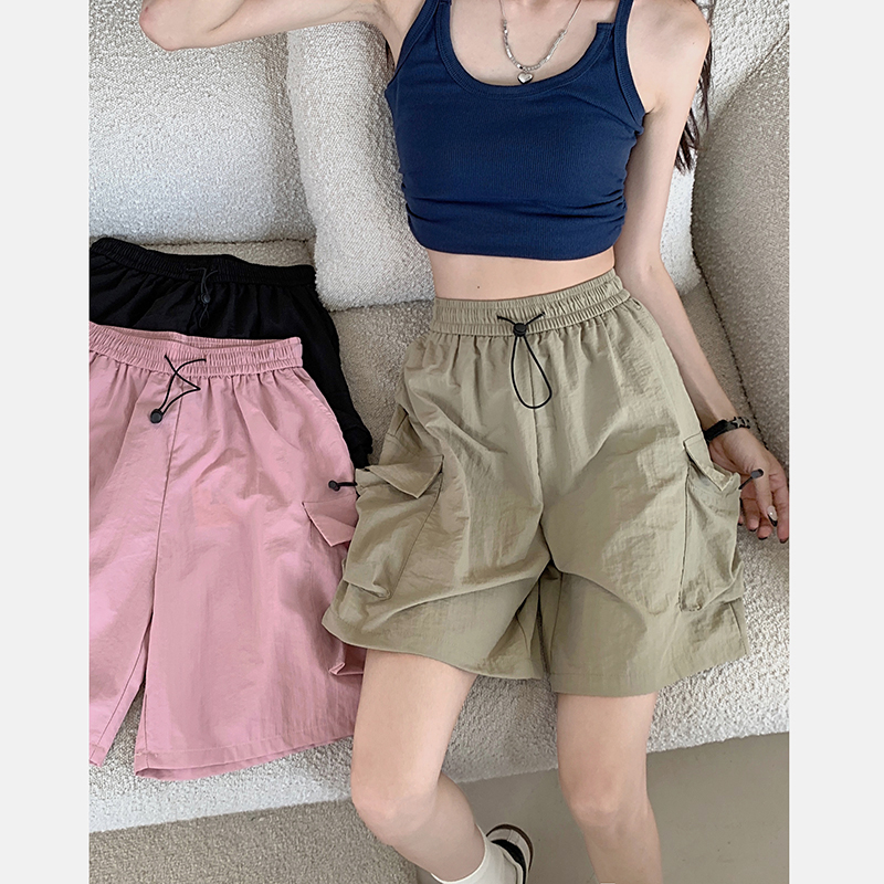 實拍！2024鬆緊腰抽繩寬鬆休閒短褲設計感百搭工裝褲子女