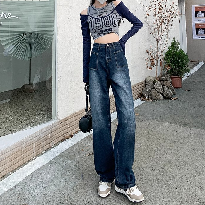 美式復古高街辣妹闊腿牛仔褲女春季新款高腰百搭寬鬆顯瘦闊腿褲子