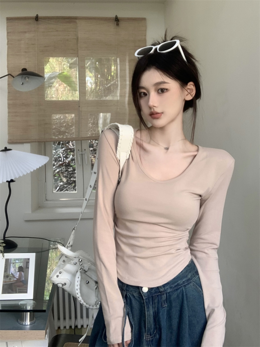 實拍 辣妹風U領長袖正肩內搭T恤女裝春夏修身打底衫