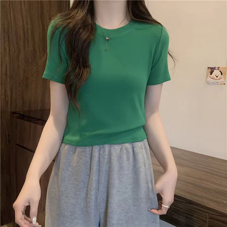 Actual shot Korean style short hottie T-shirt women's short-sleeved summer high-end pure cotton ribbed slim round neck top