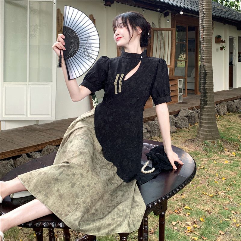 原版面料+做法+側拉鏈假兩件新中式連衣裙女新款夏季長裙高級感