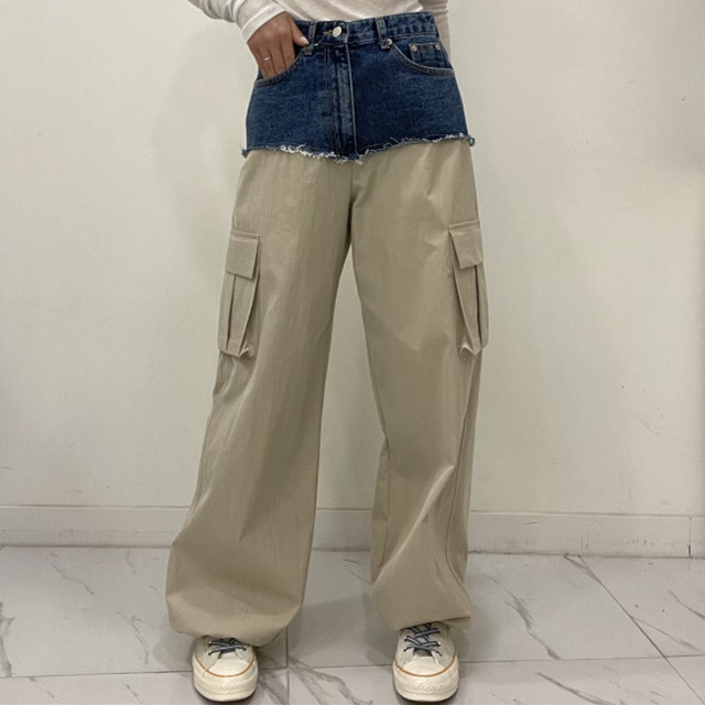 混搭拼接寬鬆牛仔工裝休閒褲