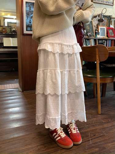 White Lace Cake Dress for Women, Elastic High-Waist Hip-Hiding Slimming Loose and Versatile Medium-Length Skirt - Korean Version