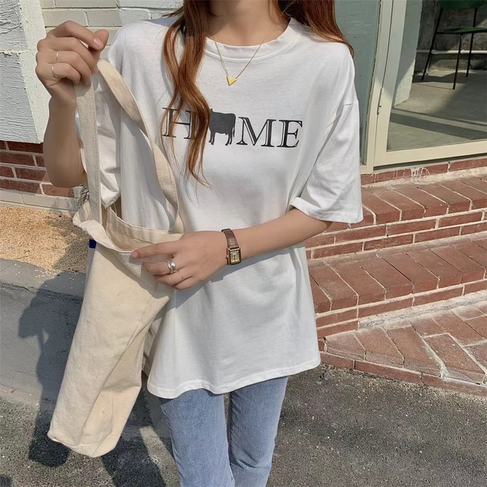 實拍小牛字母短袖T恤女圓領寬鬆純棉打底衫中長款