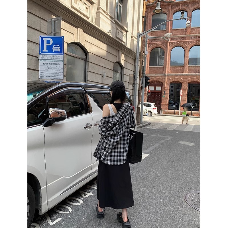夏季2024新款韓版簡約休閒撞色假兩件長款針織背心連衣裙女裝chic