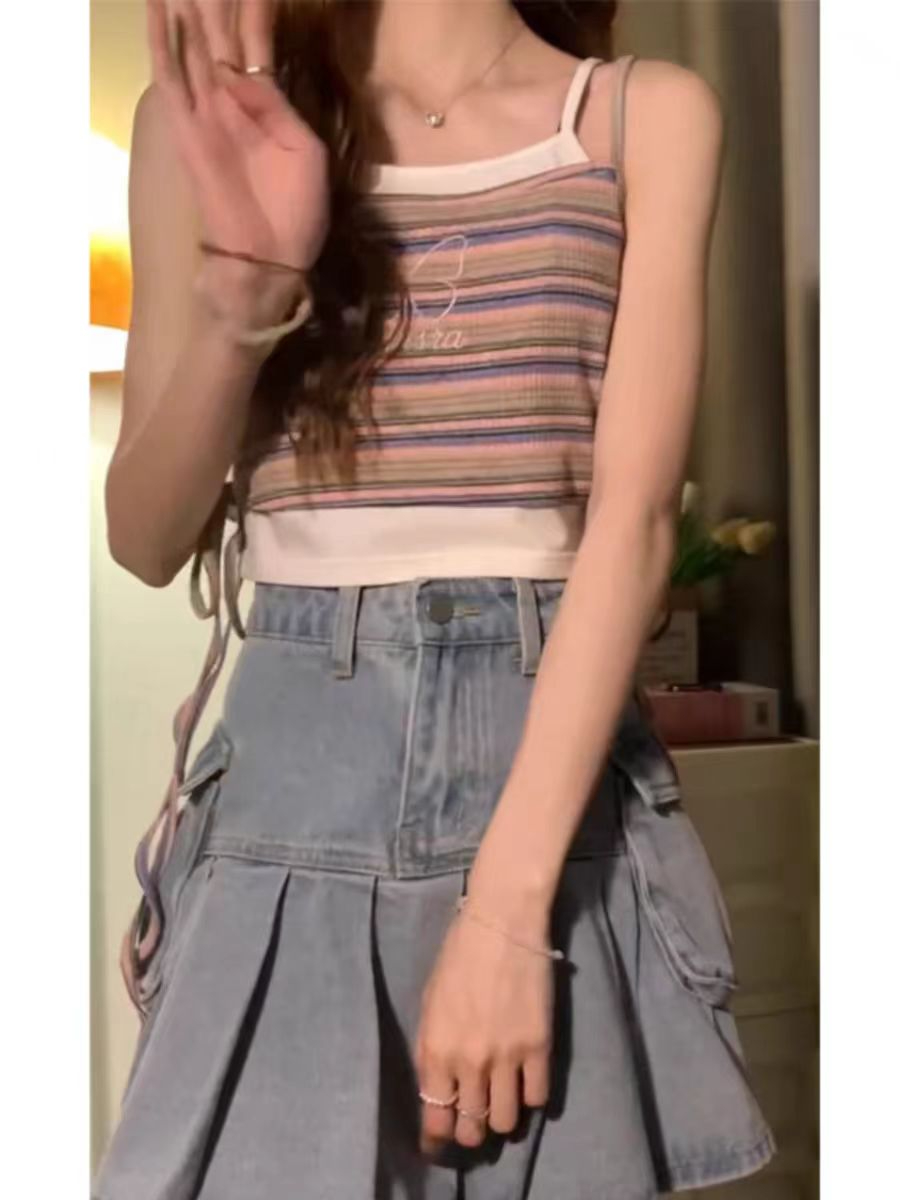 260隨心裁美式條紋假兩件辣妹吊帶背心短款上衣
