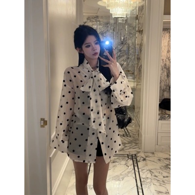 孫妍新款芝麻點點法式氣質襯衫2024春夏蝴蝶結飄帶波點襯衫