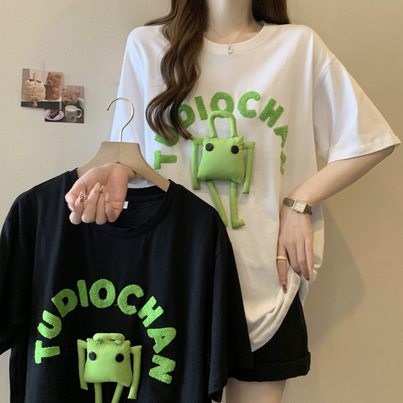 實拍  夏裝純棉 毛巾繡公仔短袖T恤女寬鬆