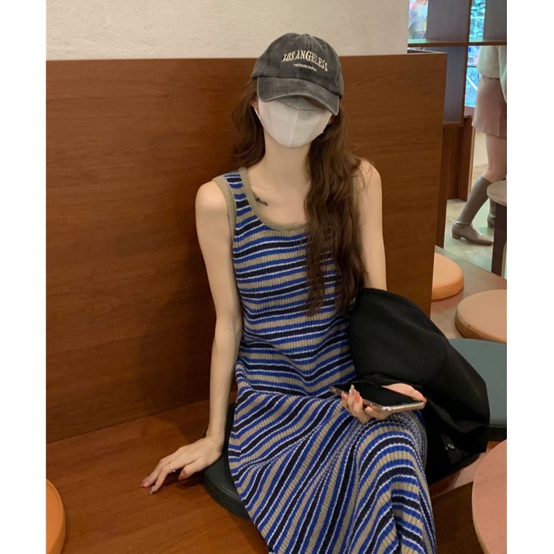 冰爽絲小個子吊帶裙子條紋法式溫柔針織背心連衣裙