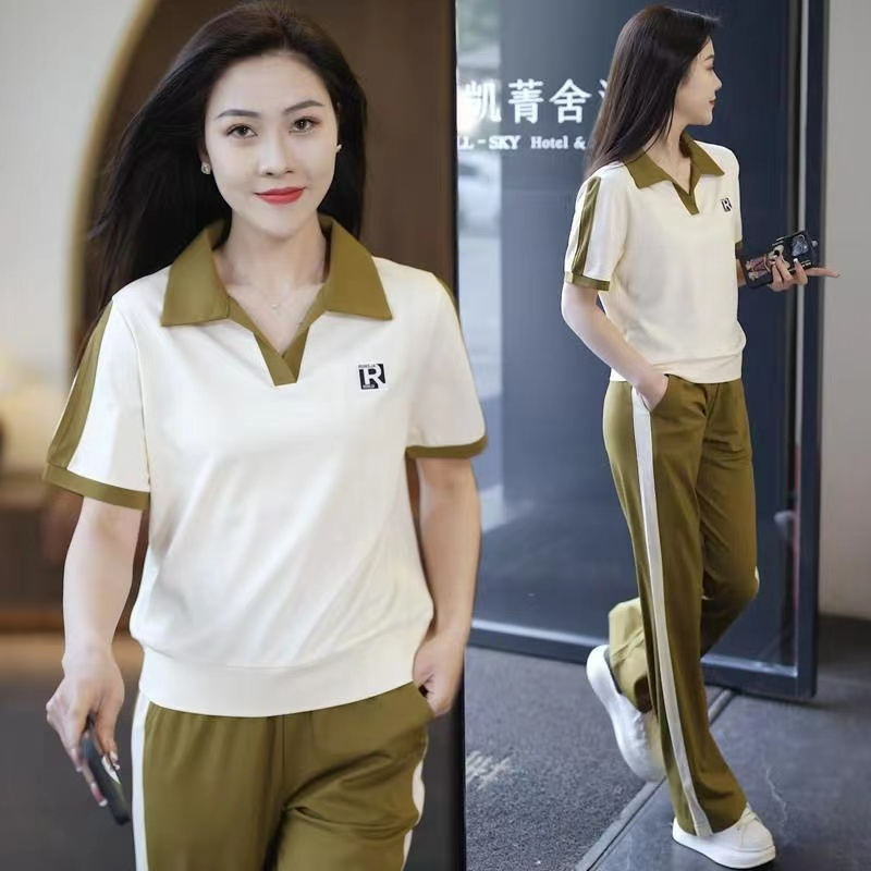 休閒套裝女2024年夏季新款顯瘦洋氣運動簡約翻領衛衣+衛褲兩件套