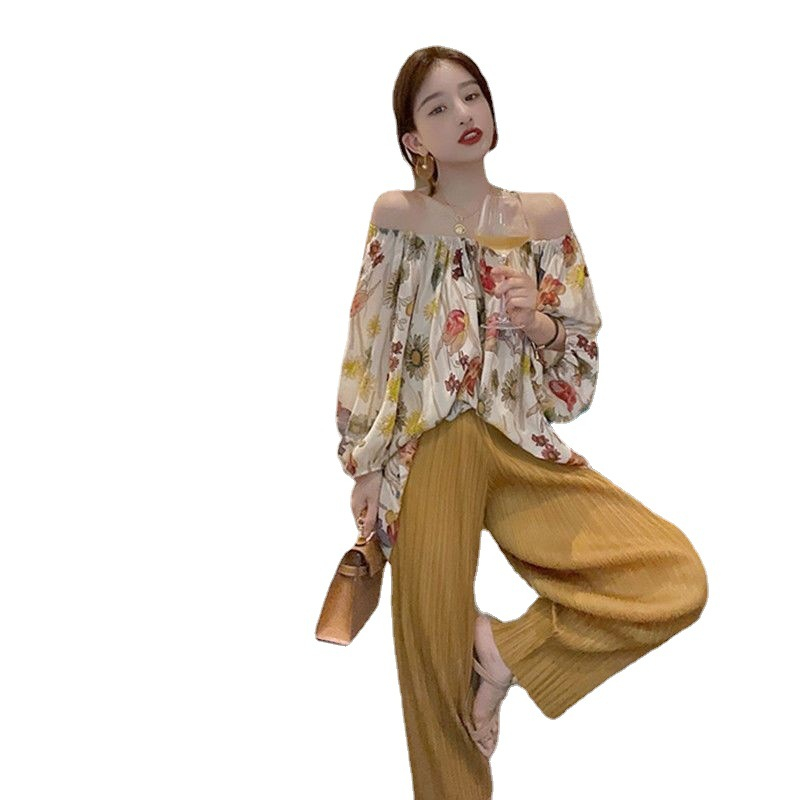 一字肩碎花五分袖襯衫不規則女夏季辣妹新款復古時尚外穿顯瘦港味