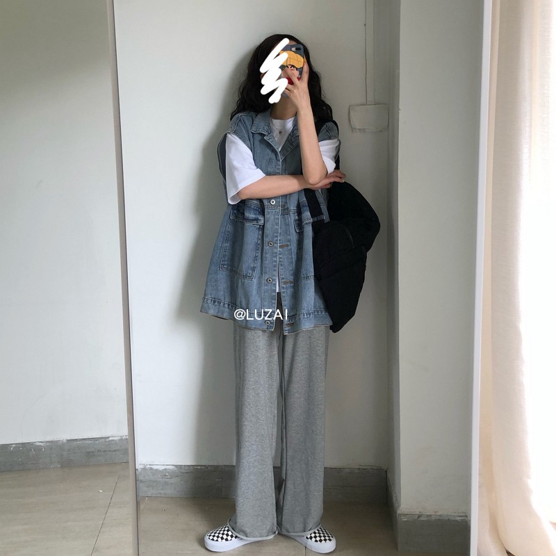 2024韓版新款牛仔馬甲女大碼胖MM寬鬆無袖工裝夾克外套微胖穿搭
