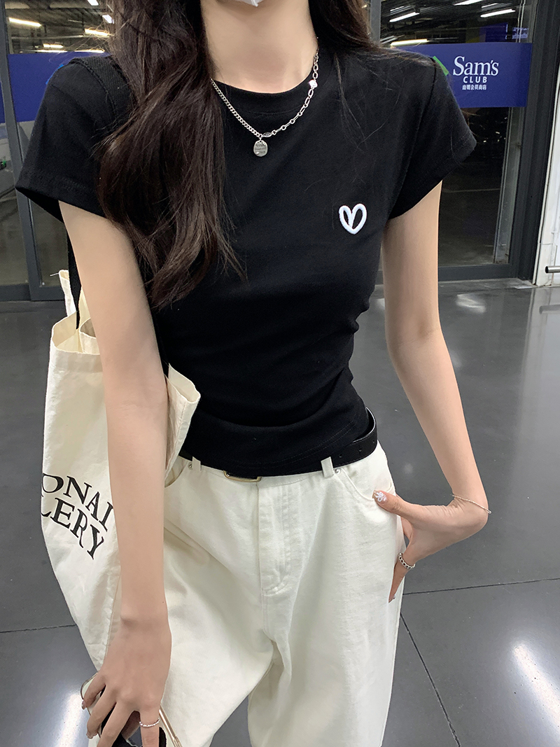 實拍 純棉短袖t恤女夏收腰刺繡花修身短款圓領上衣韓版女裝