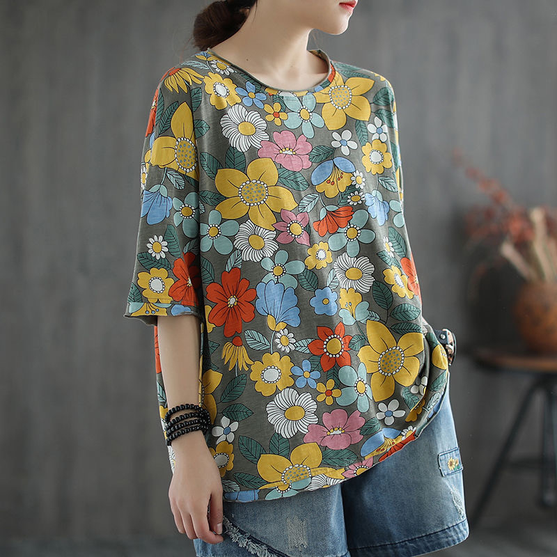 Containing cotton 2024 summer new casual large size T-shirt literary retro printed round neck five-point short-sleeved women's top