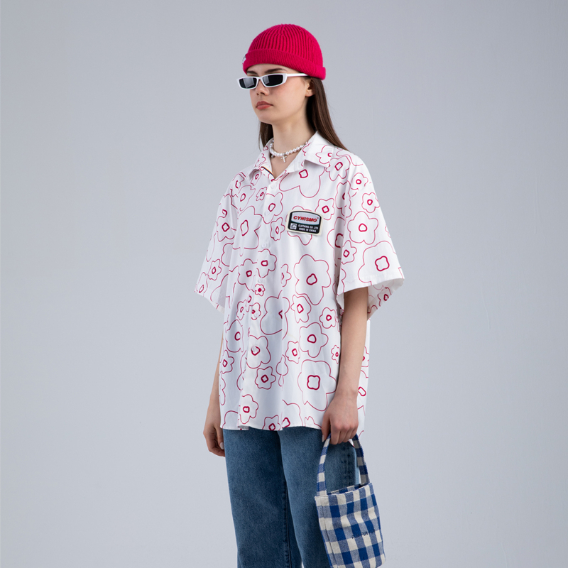 質量#潮牌可愛粉色小花滿印短袖襯衫百搭os寬鬆ins