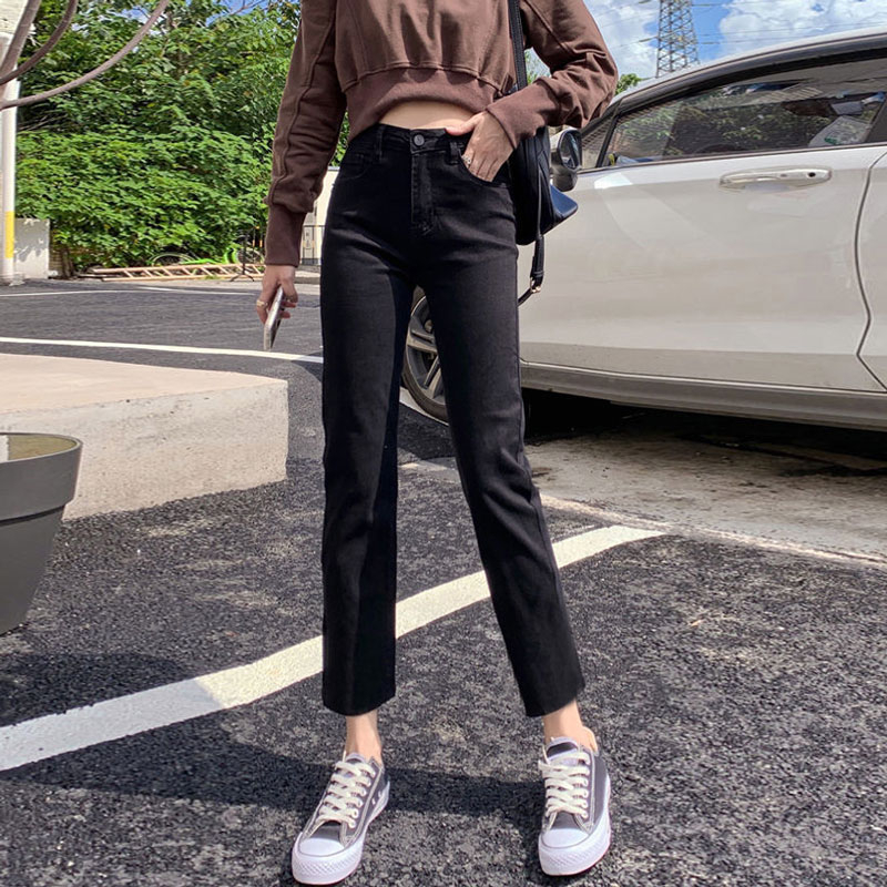 小直筒黑色高腰牛仔褲女春秋款寬鬆修身剪邊百搭彈力煙管九分褲子