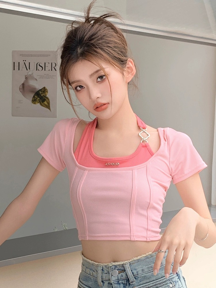 春夏新款減齡少女風 撞色掛脖假 兩件T恤