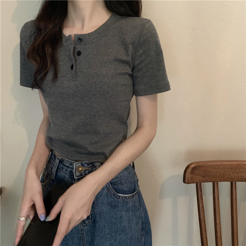 實拍 顯瘦紐扣短袖T恤修身短款上衣女