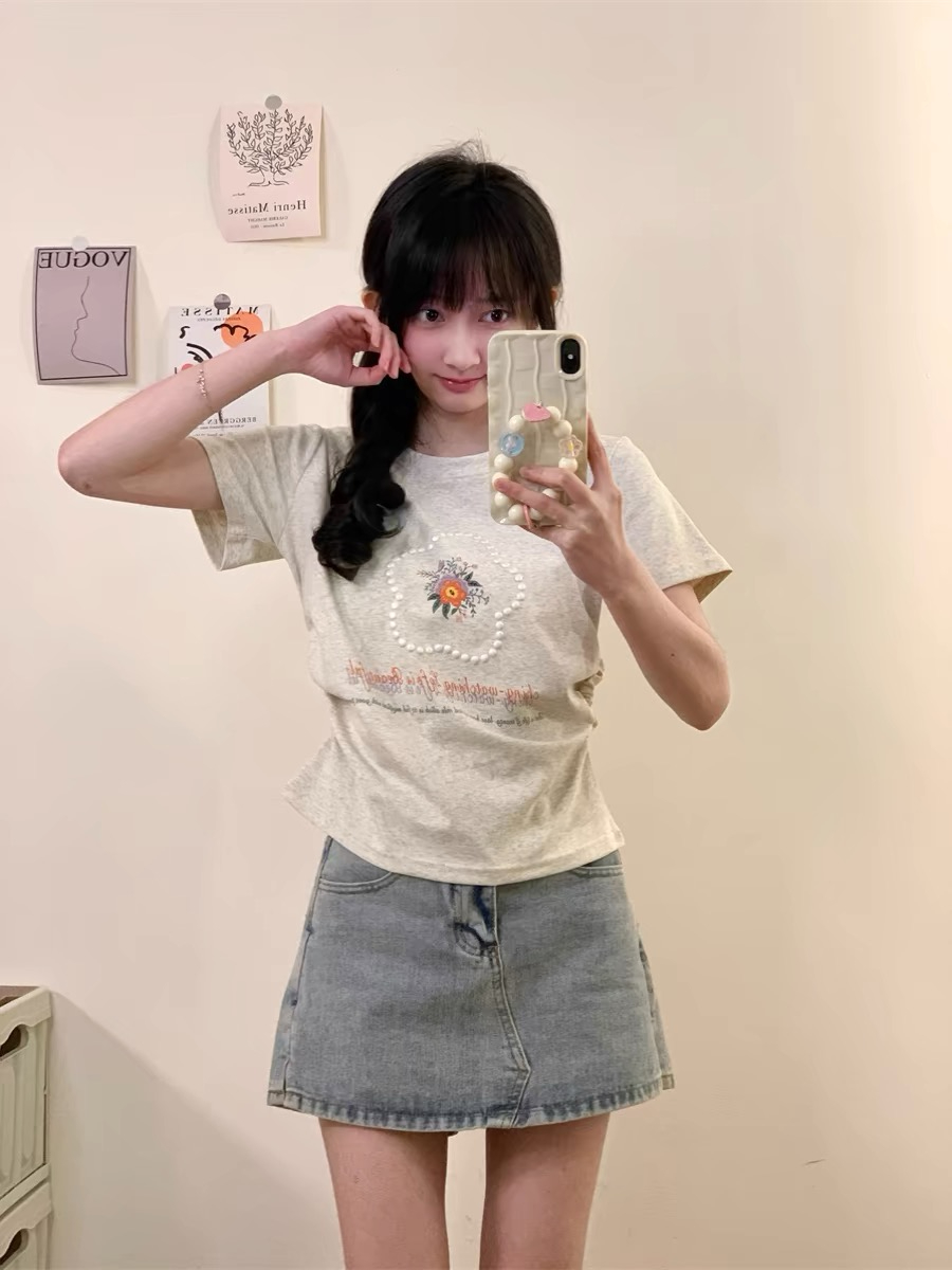 40支純棉發泡花朵正肩短款短袖T恤女夏季新款修身顯瘦上衣